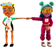 Kim in her Dive Outfit fist bumping Alicia in her Tracksuit Outfit