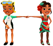 Kim in her Dive Outfit fist bumping Sofia in her Tango Outfit