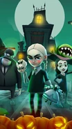 Thursday, Scarlett in her Botanical Horror Outfit and Guard in their Haunted Hood 2023 Splash Screen