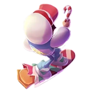 Jake surfing on Shiny Surprise and carrying a candy cane in his right hand