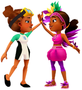 Kim in her Dive Outfit and Carmen in her Shake Outfit high fiving