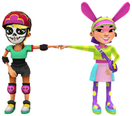 Olivia in her Derby Macabre Outfit fist bumping Bonnie in her Harajuku Outfit