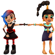 Jasmine in her Ankh Outfit fist bumping Lucy in her Goth Outfit