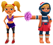 Tasha in her Cheer Outfit fist bumping Clementine in her Frosty Outfit