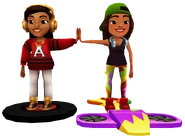 Alicia surfing on Scratchy high fiving Sofia surfing on Splash