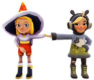 Freya in her Winter Magic Outfit fist bumping Clementine in her Hide and Sheep Outfit
