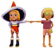 Freya in her Winter Magic Outfit fist bumping Dylan in his Walkman Outfit