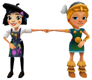 Freya in her Viking Outfit fist bumping Coco in her Art Outfit