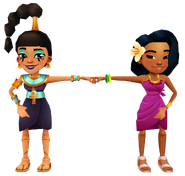 Jasmine in her Ankh Outfit fist bumping Noon in her Pink Outfit