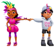 Carmen in her Shake Outfit fist bumping Alexandre in his Stan Outfit