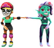 Olivia in her Derby Macabre Outfit fist bumping Koral in her Tenta-Queen Outfit