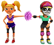 Olivia in her Derby Macabre Outfit fist bumping Tasha in her Cheer Outfit