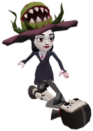Scarlett in her Botanical Horror Outfit surfing on Flaming Doll