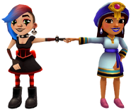 Lucy in her Goth Outfit fist bumping Salma in her Talisman Outfit