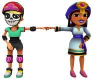 Olivia in her Derby Macabre Outfit fist bumping Salma in her Talisman Outfit