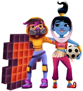 Miss Maia holding Pixel Heart with Amira in her Genie Outfit with Footy Buddies pose