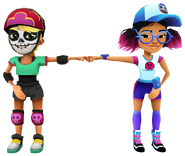 Olivia in her Derby Macabre Outfit fist bumping Jenny in her Pixel Outfit
