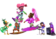 Taha playing Ukulele, Izzy dancing on Tiki, Valentina on Fresh Love, Kaleo on Heartstopper with Dear Dart nearby, and Hali playing music with Rave Rider nearby