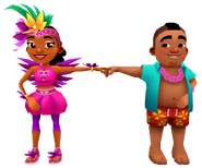 Carmen in her Shake Outfit fist bumping Izzy in his Aloha Outfit