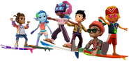 Kaleo surfing on Retro Wave, Koral surfing on her surfboard, Hammy-Bee and Ace surfing on Wave Rider, and Taha and Brody surfing on Big Kahuna