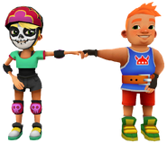 Olivia in her Derby Macabre Outfit fist bumping Bjarki in his Power Outfit