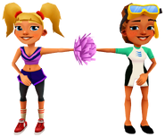 Kim in her Dive Outfit fist bumping Tasha in her Cheer Outfit