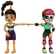 Olivia in her Derby Macabre Outfit fist bumping Jasmine in her Ankh Outfit