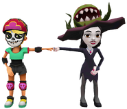 Olivia in her Derby Macabre Outfit fist bumping Scarlett in her Botanical Horror Outfit