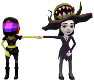 Zoe in her Biker Outfit fist bumping Scarlett in her Botanical Horror Outfit