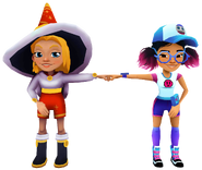 Freya in her Winter Magic Outfit fist bumping Jenny in her Pixel Outfit