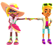 Berta in her Summer Eleganza Outfit fist bumping Nick in his Neon Outfit