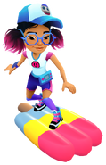 Jenny in her Pixel Outfit surfing on Beach Pop