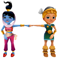 Freya in her Viking Outfit fist bumping Amira in her Genie Outfit