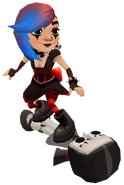 Lucy in her Goth Outfit surfing on Flaming Doll