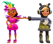 Carmen in her Shake Outfit fist bumping Clementine in her Hide and Sheep Outfit