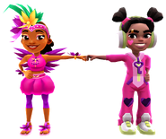 Caermen in her Shake Outfit fist bumping Hali in her Gummy Bear Outfit