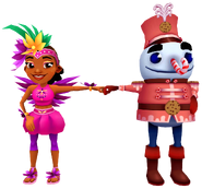 Carmen in her Shake Outfit fist bumping Buddy in his Candy Outfit