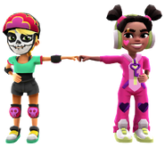 Olivia in her Derby Macabre Outfit fist bumping Hali in her Gummy Bear Outfit