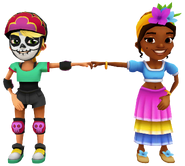 Olivia in her Derby Macabre Outfit fist bumping Ramona in her Piña Outfit