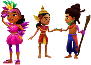 Carmen in her Shake outfit, Noon in her Siam outfit, and Jay in his Color Master outfit hiking