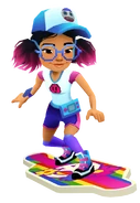 Jenny in her Pixel Outfit surfing on the Groovy board