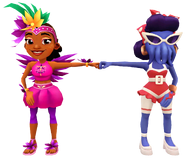 Carmen in her Shake Outfit fist bumping Cathy in her Seaside Outfit