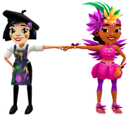 Carmen in her Shake Outfit fist bumping Coco in her Art Outfit