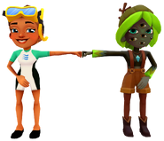 Kim in her Dive Outfit fist bumping Morgan in her Swamp Mystery Outfit
