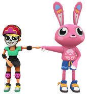 Olivia in her Derby Macabre Outfit fist bumping George in his Eggstravaganza Outfit