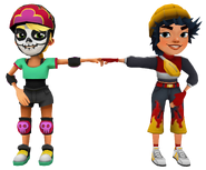 Olivia in her Derby Macabre Outfit fist bumping Alex in her Techno Outfit
