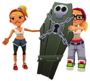 Tasha and Tricky with Casket with Spooky Trio Bundle pose