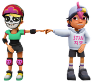 Olivia in her Derby Macabre Outfit fist bumping Alexandre in his Stan Outfit