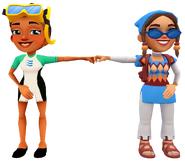 Kim in her Dive Outfit fist bumping Mala in her Miss Mosaic Outfit