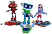 Captain Flash on Flash Jet, Clockwork Johnny on Wind-Up Rocket, and Bob The Blob in their Jingle Outfit on Snow Down with Rivals Bundle pose